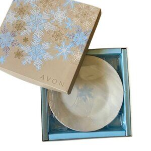 Avon Winter Soft Appetizer Dessert Plates Boxed Set of Four White Blue